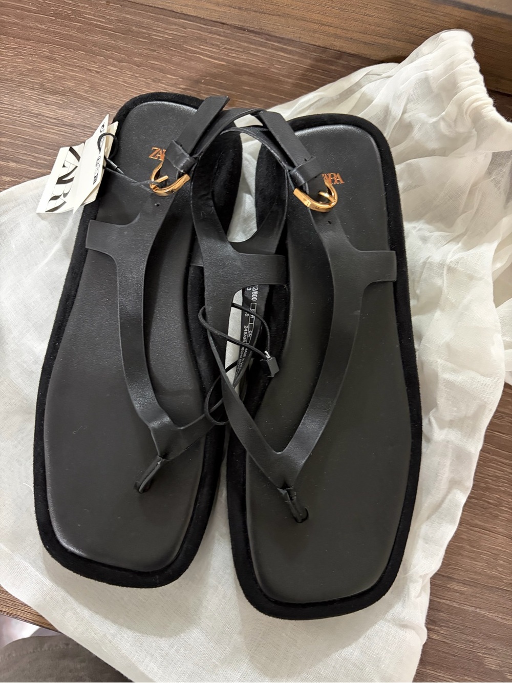 Zara Black Square-Toe Thong Sandals with Gold Accent